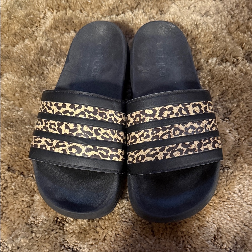 Adidas Women's Black and Leopard Print Sandals